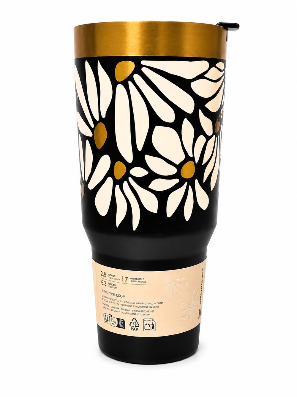Stanley Black & Cream Floral Travel Mug with Gold Lid - Picture 4 of 5